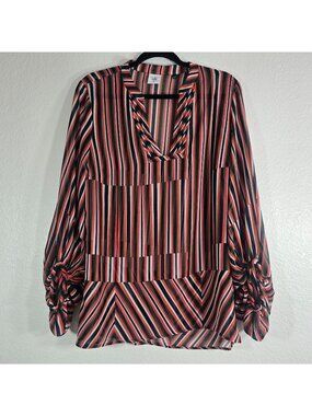 Cabi Sheer Stripe Tunic Top Women Medium Balloon Sleeve Oversized Casual